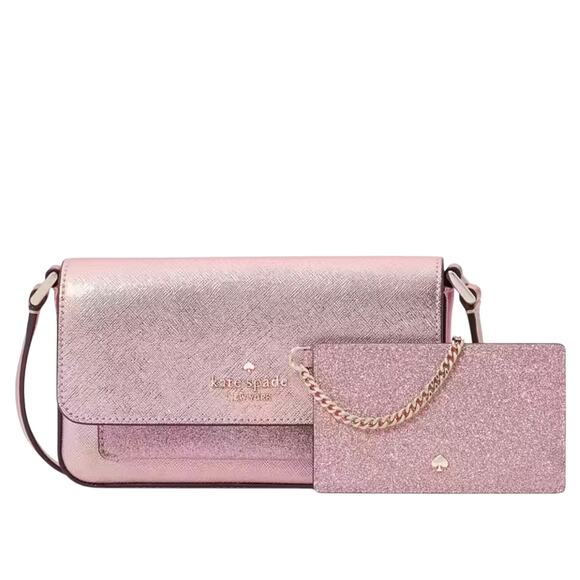 KATE SPADE CROSSBODY PURSE & CARD HOLDER PINK GLIMMER GLITTER BOXED DUO NEW! - Picture 1 of 8